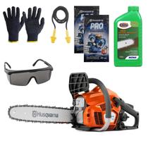 Motosserra a Gasolina 120 Husqvarna 35CC Ideal para Sitio + Kit com Oleo de Corrente, Oleo 2T, Luva, Oculos e Protetor Auditivo