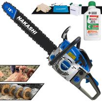 Motosserra Nakashi NCS500 À Gasolina 49,3cc Alta Potência e Rotação Com Sabre 18' Corrente 28 Dentes Profissional Com Sistema Antivibração, Vela NGK e Carcaça de Magnésio + 1 ÓLEO STIHL 2T