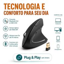 Mouse Vertical Ergonômico Sem Fio Bluetooth 5.0 USB 2.4G 1600 DPI Preto