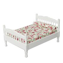 Móveis de casa de bonecas em miniatura, cama de casal de madeira com flores Móveis de casa de bonecas em miniatura, cama de casal de madeira com flores
