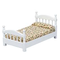 Móveis de casa de bonecas em miniatura, cama de solteiro branca de madeira Móveis de casa de bonecas em miniatura, cama de solteiro branca de madeira