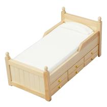 Móveis de casa de bonecas em miniatura, cama individual de madeira com gavetas