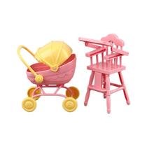 Móveis de casa de bonecas em miniatura de brinquedo, carrinho de bebê e cadeira alta