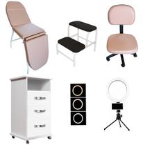 Móveis Para Estética Maca 3 Posições Rose Gold Mocho Armário Escada E Luminária Ring