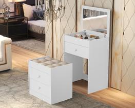 Móvel Organizacional 2 em 1 Cômoda e Penteadeira com Espelho Banqueta estofada Divisórias Internas Maquiagem