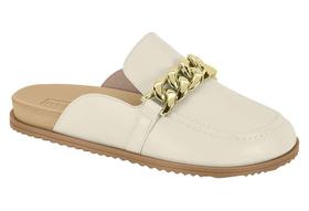 Mule Clog Flat Feminino Moleca Corrente Branco e Caramelo