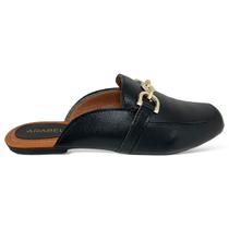 Mule Feminino Preto Comfort Bico Quadrado Detalhe Elos Dourados