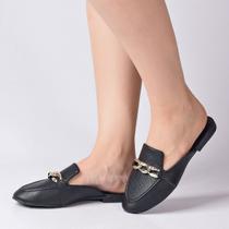 Mule Feminino Sandália Rasteira Muller Scarpin Bico Redondo Detalhe Corrente