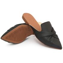 Mule Feminino Sapatilha Sapato Mocassim Muller Bico Fino Entrelaçado Preto