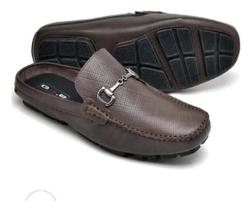 Mule Mocassim Drive Couro Masculino Versátil Leve Casual Costura Artesanal