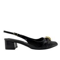 Mule Piccadilly Preto Salto Bloco Bico Fino Dourado Ajustável Conforto Mule Piccadilly Preto Salto Bloco Bico Fino Dourado Ajustável Conforto