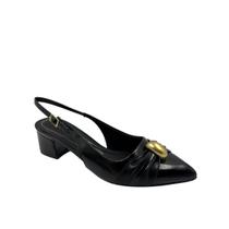 Mule Piccadilly Preto Salto Bloco Bico Fino Dourado Ajustável Conforto Mule Piccadilly Preto Salto Bloco Bico Fino Dourado Ajustável Conforto