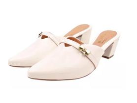 Mule Scarpin Branco Salto Alto Grosso Lacinho Sapato Bico Fino Casual - EFRATA-SHOES