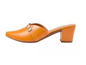 Mule Scarpin Mostarda Salto Grosso Lacinho Sapato Bico Fino Verniz