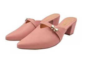 Mule Scarpin Nude Salto Alto Grosso Lacinho Sapato Bico Fino Casual Festa