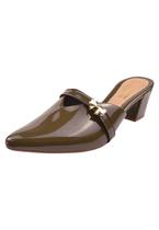 Mule Scarpin verde musgo Salto Grosso Lacinho Sapato Bico Fino Verniz