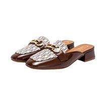 Mules Femininos Sem Salto Com Bico Redondo E Sem Costas, Estilo Slip-on, Tipo Loafer, Com Fivela