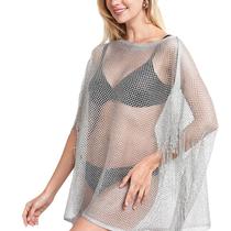 Mulheres Batwing Manga Biquíni Cobrir Até Brilhante Metálico Tassel Malha Net Beach Vestido de Praia - Prata