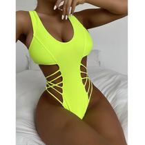 Mulheres de uma peça oca biquíni sólido push-up pad swimwear maiô roupa de praia