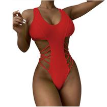 Mulheres de uma peça oca biquíni sólido push-up pad swimwear maiô roupa de praia