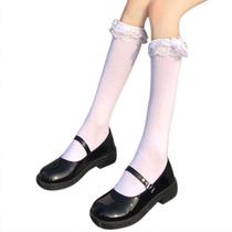 Mulheres Doce Lolita Knee High Socks Bowknot Ruffled Frilly Lace Trim Meias - Branco