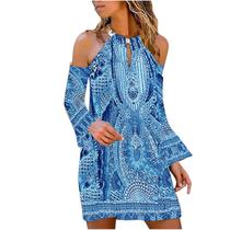 Mulheres estampadas florais mangas compridas mangas flare shift mini joelho vestidos casuais Mulheres estampadas florais mangas compridas mangas flare shift mini joelho vestidos casuais