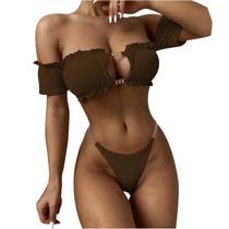 Mulheres fora do ombro oco para fora sólido sexy biquíni push-up acolchoado maiô maiô conjunto de roupa de praia