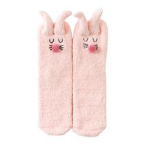 Mulheres Inverno Microfiber Fuzzy Slipper Home Socks Cartoon Bordado 3D Rabbit Ears Kawaii Thick Cozy Warm Floor Sleeping Hosiery Gifts - Pink