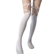 Mulheres Lolita Coxa Alta Meias Gótica Cruz Lace-Up Curativo sobre meias de joelho - Branco