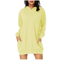 Mulheres manga comprida bolso pulôver vestido com capuz cintura moletom sólido tops