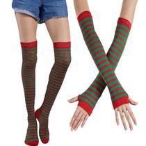 Mulheres Multicoloridas Coxas Altas Meias De Braço Aquecedores definir festa de inverno tricotado sobre meias de joelho luvas sem dedos - verde vermelho
