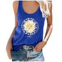 Mulheres Plus Size Verão Sol Lua Estampa O Pescoço Sem Mangas Casual T-shirt Top Tank