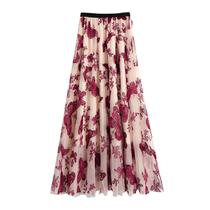 Mulheres primavera verão borboleta impressão elástica cintura alta malha longa saia plissada