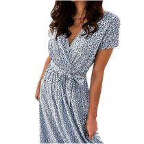 Mulheres senhoras manga curta floral estampado com decote em v faixas vestido médio da panturrilha