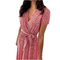 Mulheres senhoras manga curta floral estampado com decote em v faixas vestido médio da panturrilha