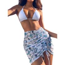 Mulheres Sexy 3 Peças Biquíni Conjunto Halter String Micro Triângulo Maiô com Butterfly Print Malha Capa Up Wrap Saia Maiô Beachwear - Branco - M