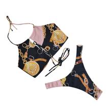 Mulheres sexy com almofada no peito sem aro impresso com cordão saia biquíni conjunto de três peças maiô dividido Mulheres sexy com almofada no peito sem aro impresso com cordão saia biquíni conjunto de três peças maiô dividido