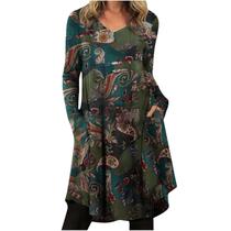 Mulheres Sexy Fall Soft O-neck manga comprida flor formal irregular tie-dye impressão em bloco de cores outono maxi casual vestido feminino