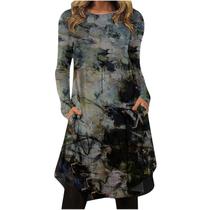 Mulheres Sexy Fall Soft O-neck manga comprida flor formal irregular tie-dye impressão em bloco de cores outono maxi casual vestido feminino