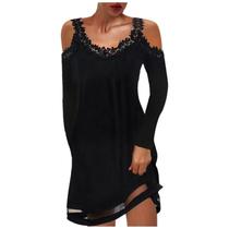 Mulheres sexy sem alças com decote em V acima do joelho costura de renda sólida manga comprida midi elegante pequenos vestidos de festa pretos