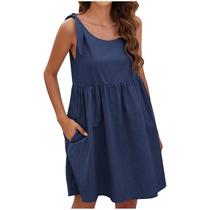 Mulheres Verão Casual Sem Mangas O-neck Bandage Vestidos Sólidos Vestido Solto Mulheres Verão Casual Sem Mangas O-neck Bandage Vestidos Sólidos Vestido Solto