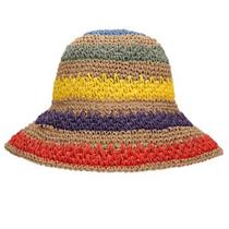 Mulheres Verão De Crochê Artesanal Palha de Sol Visor Chapéu Arco-Íris Listras Coloridas Patchwork Wide Brim UV Protection Vacation Beach Cap - Preto