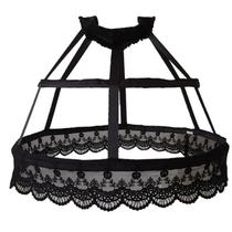 Mulheres Vitorianas Petticoat 2 Hoops Crinoline Lolita Fishbone Cage Lace Underskirt - Preto