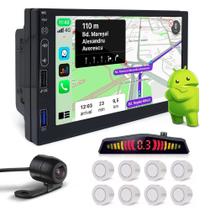 Multimídia + Câmera Ré + Sensor Dianteiro Traseiro Branco Fiat Novo Uno Espelhamento CarPlay Android Auto