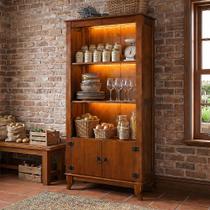 Multiuso Livreiro Madeira Maciça com Led Vintage 2 Portas Prateleiras Rubi Imperial Castanho