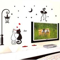 Mural Adesivo Gatos no Luar com Poste Antigo e Mesa de Flores Decoração Criativa para Corredor