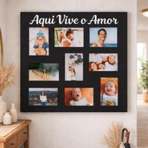 Mural Porta Retrato de Parede Aqui Vive o Amor MDF Preto 9 Fotos 10x15 cm