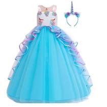 Myrisam Unicorn Costume Princesa Festa de Aniversário Festa Dança Performance Carnaval Longo Maxi Tulle Fantasia Vestir Roupas Azuis 12-13T