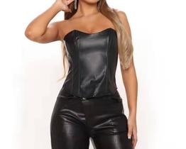 N-A02-G1703-Blusa Top Cropped sem alça Corselet Corpete Couro 405k