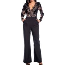 N-A0402-Macacão Feminino Longo Preto Festa Paetê Lantejoulas Manga Longa Pantalona Brilho Luxo